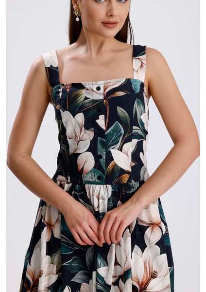 Bel Kemerli Önü Düğmeli Çiçekli Uzun Elbise | ELB36268 Beyaz Çiçekli