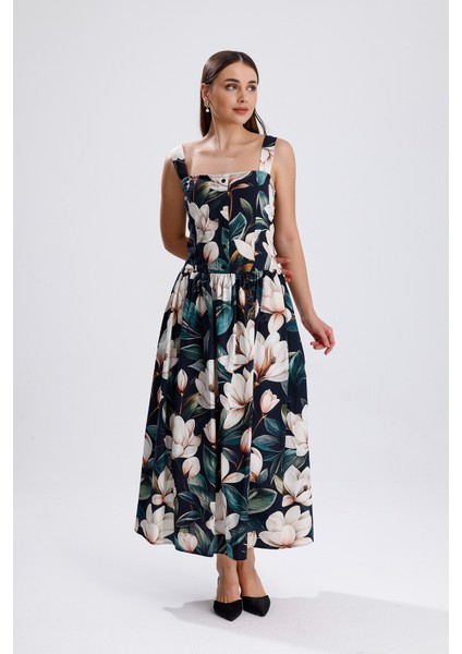 Bel Kemerli Önü Düğmeli Çiçekli Uzun Elbise | ELB36268 Beyaz Çiçekli