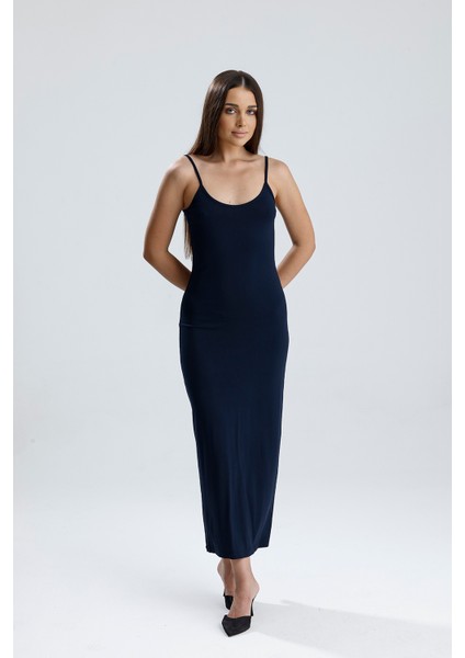Yırtmaçlı Askılı Likralı Viskon Elbise | ELB35782 Lacivert