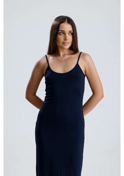 Yırtmaçlı Askılı Likralı Viskon Elbise | ELB35782 Lacivert modelleri