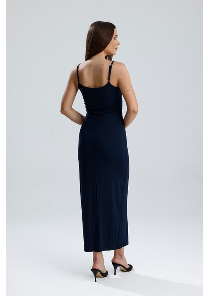 Yırtmaçlı Askılı Likralı Viskon Elbise | ELB35782 Lacivert fırsatları