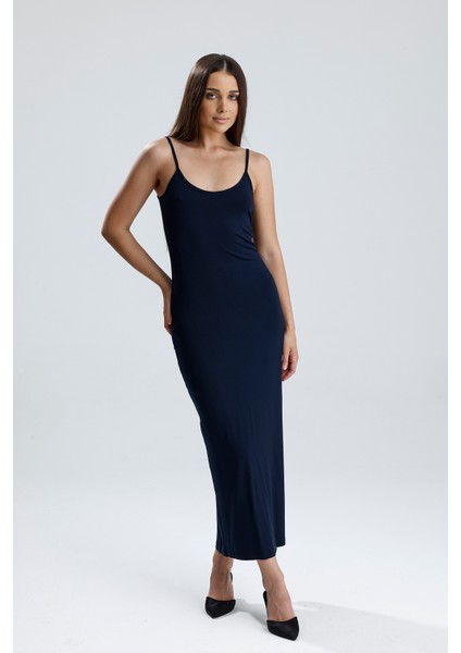 Yırtmaçlı Askılı Likralı Viskon Elbise | ELB35782 Lacivert indirimleri