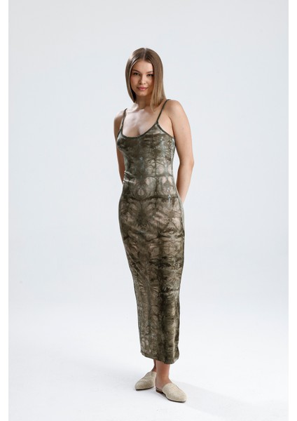 Yırtmaçlı Askılı Likralı Viskon Elbise | ELB35782 Haki Batik fiyatları