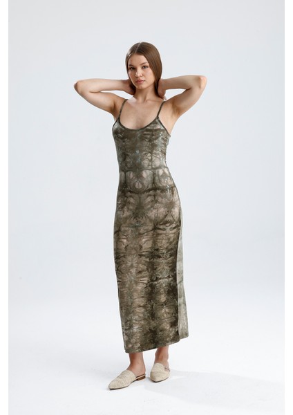 Yırtmaçlı Askılı Likralı Viskon Elbise | ELB35782 Haki Batik modelleri