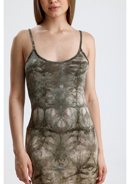 Yırtmaçlı Askılı Likralı Viskon Elbise | ELB35782 Haki Batik fırsatları