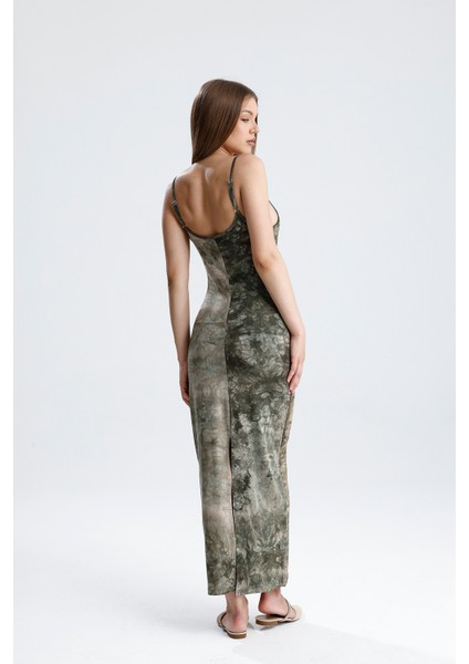 Yırtmaçlı Askılı Likralı Viskon Elbise | ELB35782 Haki Batik indirimleri