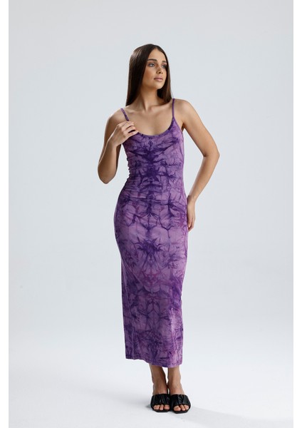 Yırtmaçlı Askılı Likralı Viskon Elbise | ELB35782 Mor Batik
