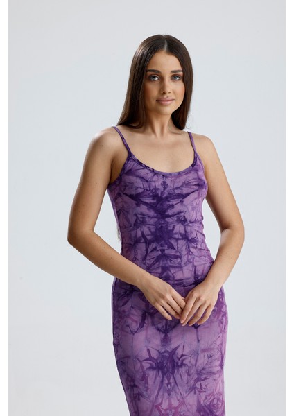 Yırtmaçlı Askılı Likralı Viskon Elbise | ELB35782 Mor Batik fiyatları