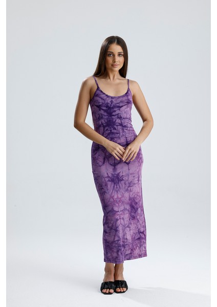 Yırtmaçlı Askılı Likralı Viskon Elbise | ELB35782 Mor Batik modelleri