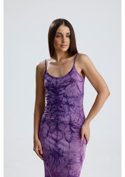 Yırtmaçlı Askılı Likralı Viskon Elbise | ELB35782 Mor Batik fırsatları