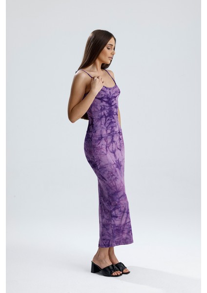 Yırtmaçlı Askılı Likralı Viskon Elbise | ELB35782 Mor Batik indirimleri