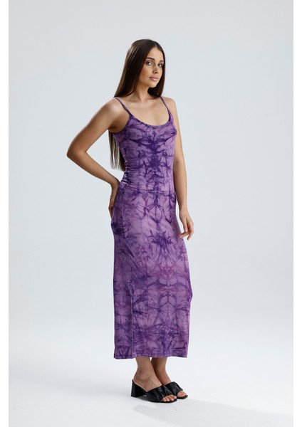 Yırtmaçlı Askılı Likralı Viskon Elbise | ELB35782 Mor Batik