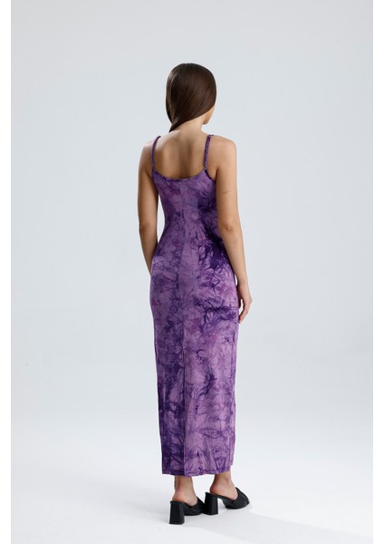 Yırtmaçlı Askılı Likralı Viskon Elbise | ELB35782 Mor Batik