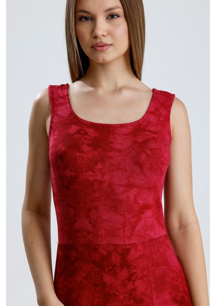 Kolsuz Kare Yaka Yırmaçlı Örme Viskon Elbise | ELB36253 Bordo Batik fırsatları