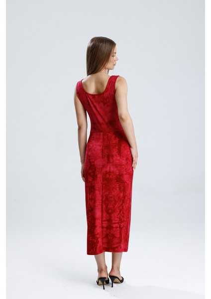 Kolsuz Kare Yaka Yırmaçlı Örme Viskon Elbise | ELB36253 Bordo Batik indirimleri