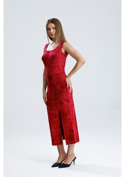 Kolsuz Kare Yaka Yırmaçlı Örme Viskon Elbise | ELB36253 Bordo Batik