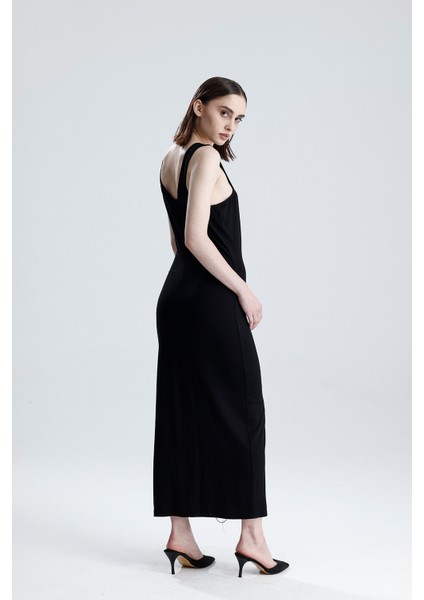 Likralı Viskon Kalın Askılı Günlük Elbise | ELB36255 Siyah