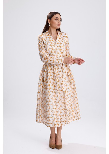 Beli Kemerli Düğmeli Fisto Elbise | ELB36210 Ekru Safran