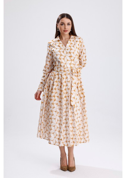 Beli Kemerli Düğmeli Fisto Elbise | ELB36210 Ekru Safran fiyatları