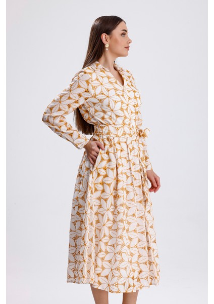 Beli Kemerli Düğmeli Fisto Elbise | ELB36210 Ekru Safran modelleri