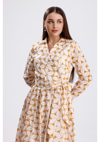 Beli Kemerli Düğmeli Fisto Elbise | ELB36210 Ekru Safran fırsatları