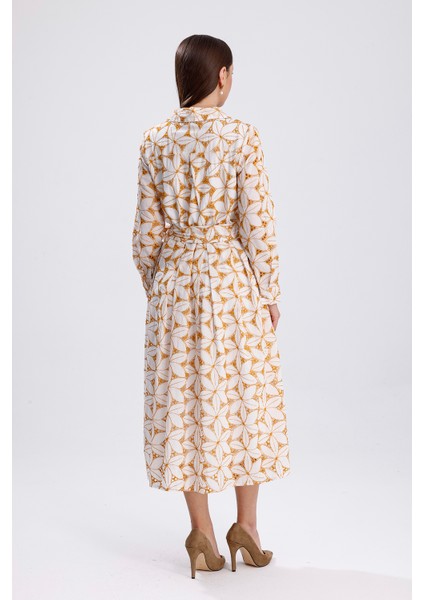Beli Kemerli Düğmeli Fisto Elbise | ELB36210 Ekru Safran
