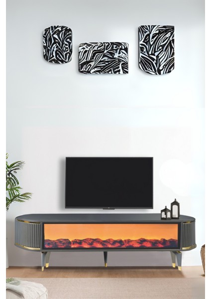 Talia Şömineli Tv Sehpası Antrasit Gold Mebran Bluetooth Hoparlörlü 7 Renk Efektli 160x40x50 Cm