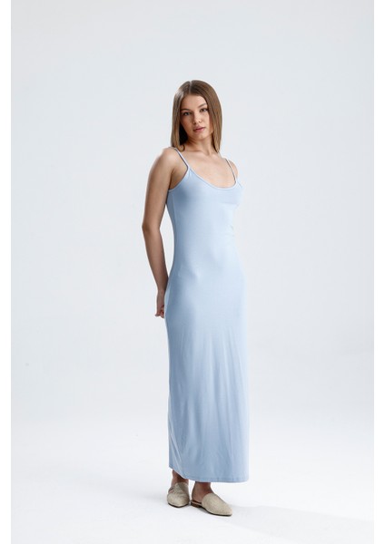 Yırtmaçlı Askılı Likralı Viskon Elbise | ELB35782 Mavı fiyatları