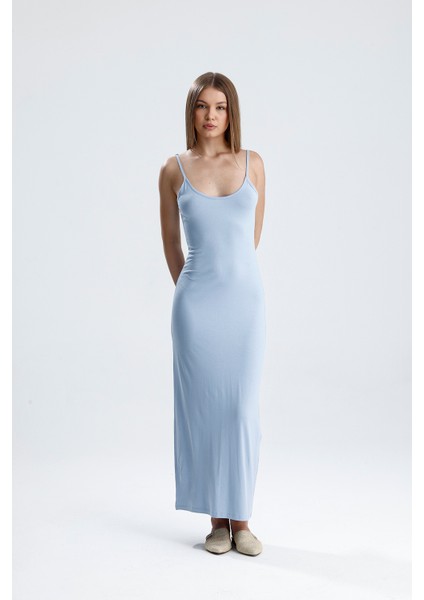 Yırtmaçlı Askılı Likralı Viskon Elbise | ELB35782 Mavı modelleri