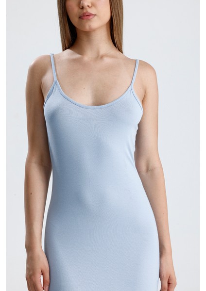 Yırtmaçlı Askılı Likralı Viskon Elbise | ELB35782 Mavı fırsatları