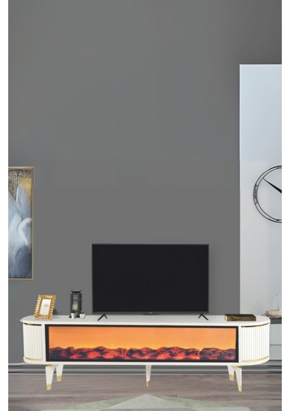 Talia Şömineli Tv Sehpası Beyaz Gold Mebran Kapaklı Bluetooth Hoparlörlü 7 Renk Efektli 180x40x50 Cm