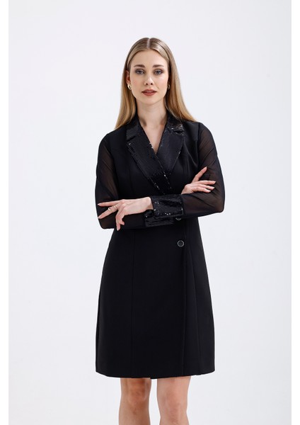 Pul Payet Detaylı Abiye Ceket Elbise | ELB36108 Siyah