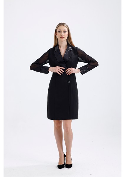 Pul Payet Detaylı Abiye Ceket Elbise | ELB36108 Siyah modelleri