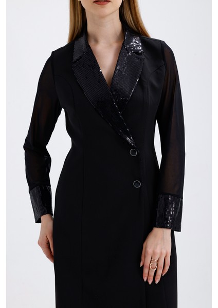Pul Payet Detaylı Abiye Ceket Elbise | ELB36108 Siyah fırsatları