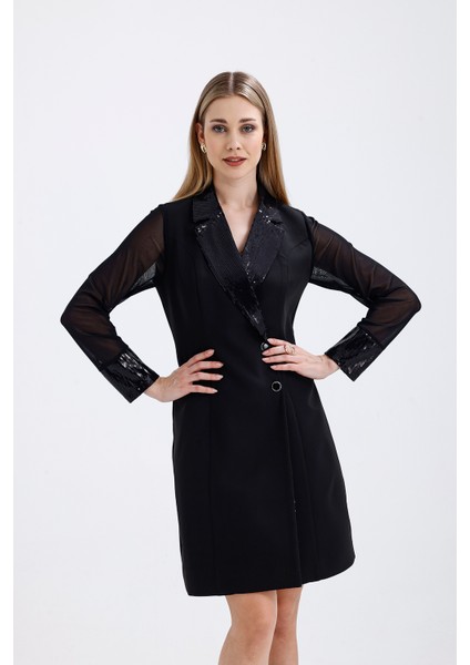 Pul Payet Detaylı Abiye Ceket Elbise | ELB36108 Siyah