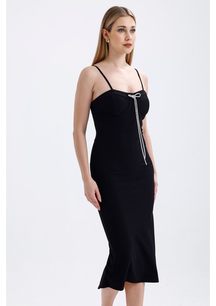 Broş Detaylı Gizli Fermuarli Gloplu Askili Ottoman Elbise | ELB35442TS Siyah