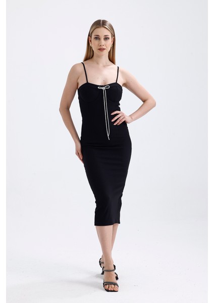 Broş Detaylı Gizli Fermuarli Gloplu Askili Ottoman Elbise | ELB35442TS Siyah fiyatları