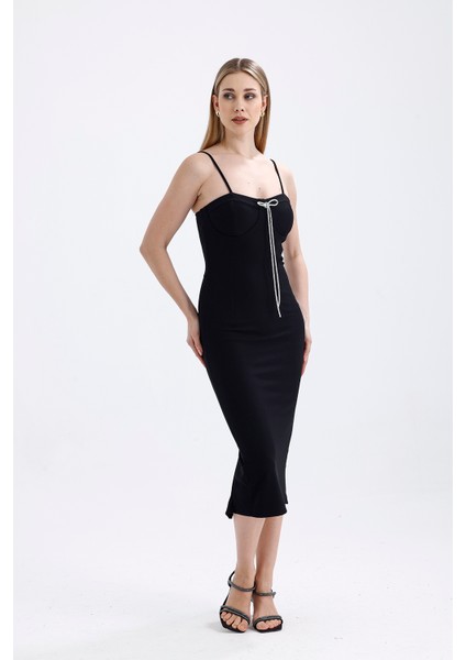 Broş Detaylı Gizli Fermuarli Gloplu Askili Ottoman Elbise | ELB35442TS Siyah modelleri