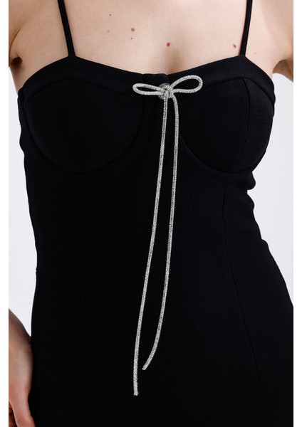 Broş Detaylı Gizli Fermuarli Gloplu Askili Ottoman Elbise | ELB35442TS Siyah fırsatları