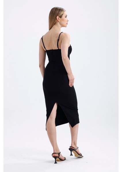 Broş Detaylı Gizli Fermuarli Gloplu Askili Ottoman Elbise | ELB35442TS Siyah indirimleri