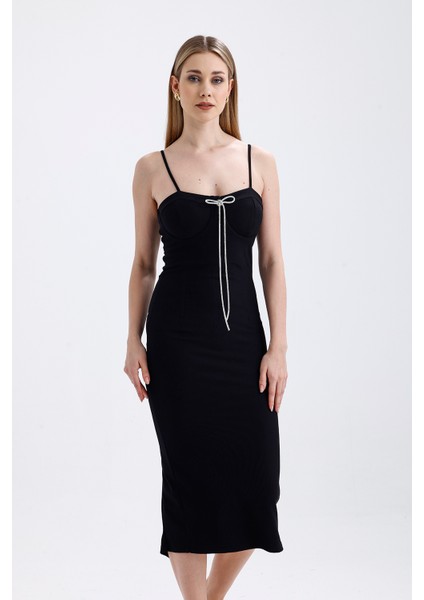 Broş Detaylı Gizli Fermuarli Gloplu Askili Ottoman Elbise | ELB35442TS Siyah