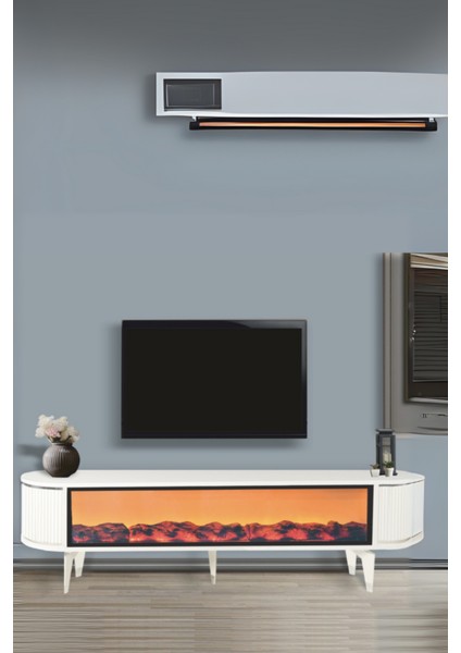 Talia Şömineli Tv Sehpası Beyaz Gümüş Mebran Bluetooth Hoparlörlü 7 Renk Efektli 160x40x50 Cm