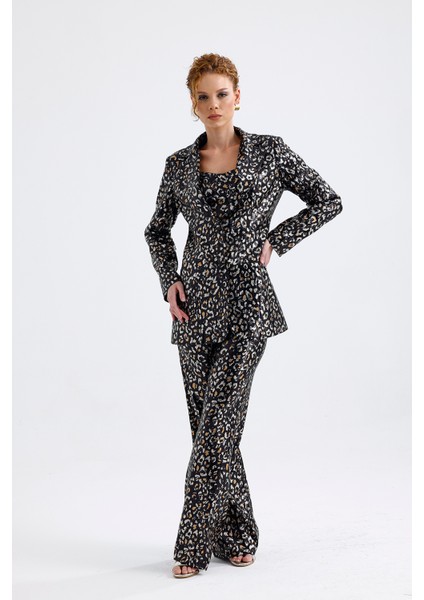 Abiye Takım Elbise | Ceket | Pantolon | Büstiyer 3 Lü Takım TK34264 Siyah Gold Leopar