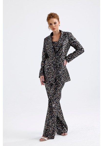 Abiye Takım Elbise | Ceket | Pantolon | Büstiyer 3 Lü Takım TK34264 Siyah Gold Leopar