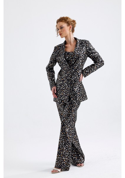 Abiye Takım Elbise | Ceket | Pantolon | Büstiyer 3 Lü Takım TK34264 Siyah Gold Leopar