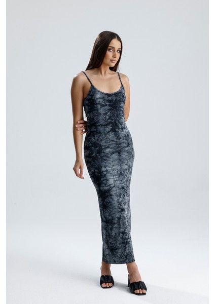 Yırtmaçlı Askılı Likralı Viskon Elbise | ELB35782 Gri Batik fiyatları