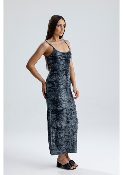 Yırtmaçlı Askılı Likralı Viskon Elbise | ELB35782 Gri Batik modelleri