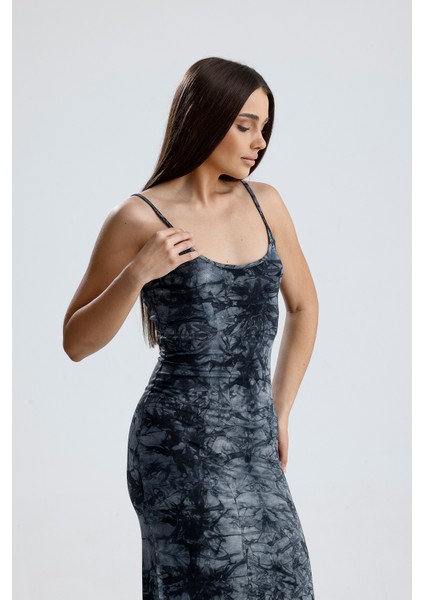 Yırtmaçlı Askılı Likralı Viskon Elbise | ELB35782 Gri Batik fırsatları