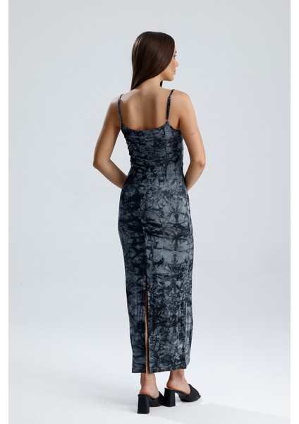 Yırtmaçlı Askılı Likralı Viskon Elbise | ELB35782 Gri Batik indirimleri