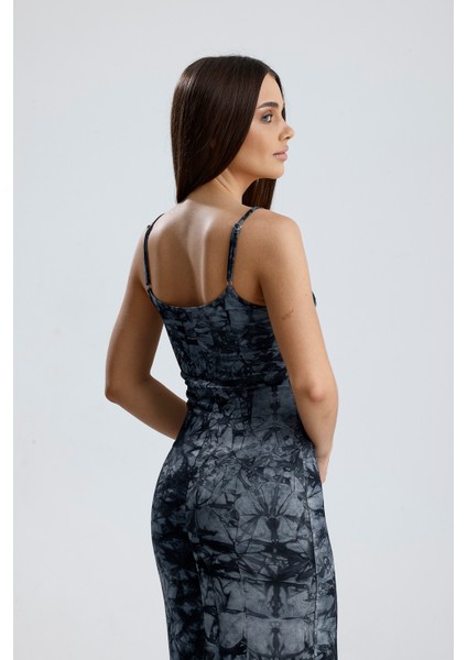 Yırtmaçlı Askılı Likralı Viskon Elbise | ELB35782 Gri Batik